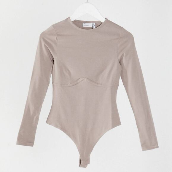 ASOS DESIGN Long Sleeve Corset Bodysuit in Mushroom Size 4 Petite - Picture 2 of 4